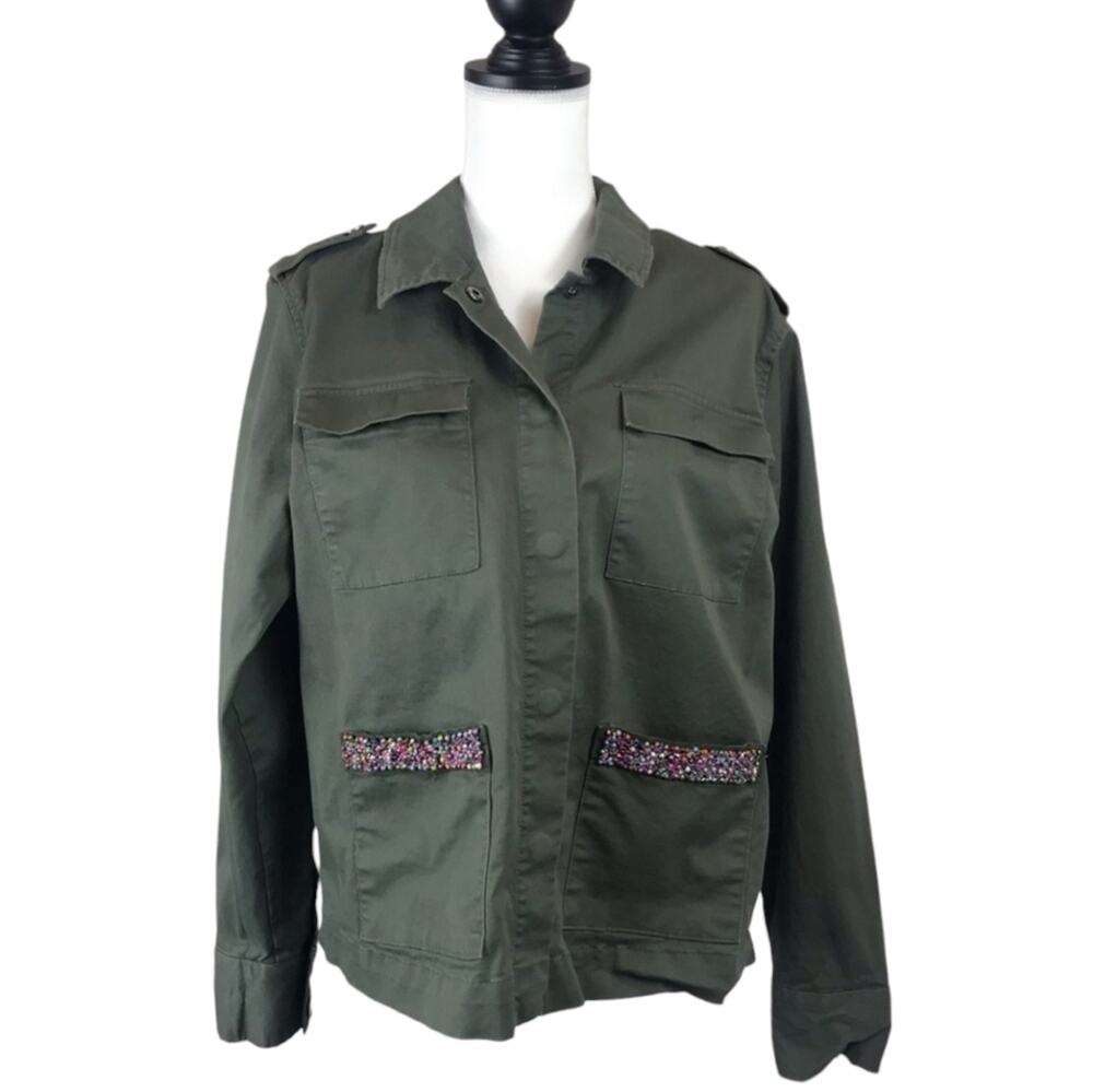 a new day Military Style Green Jacket with Embellished Beaded Front Pockets XL